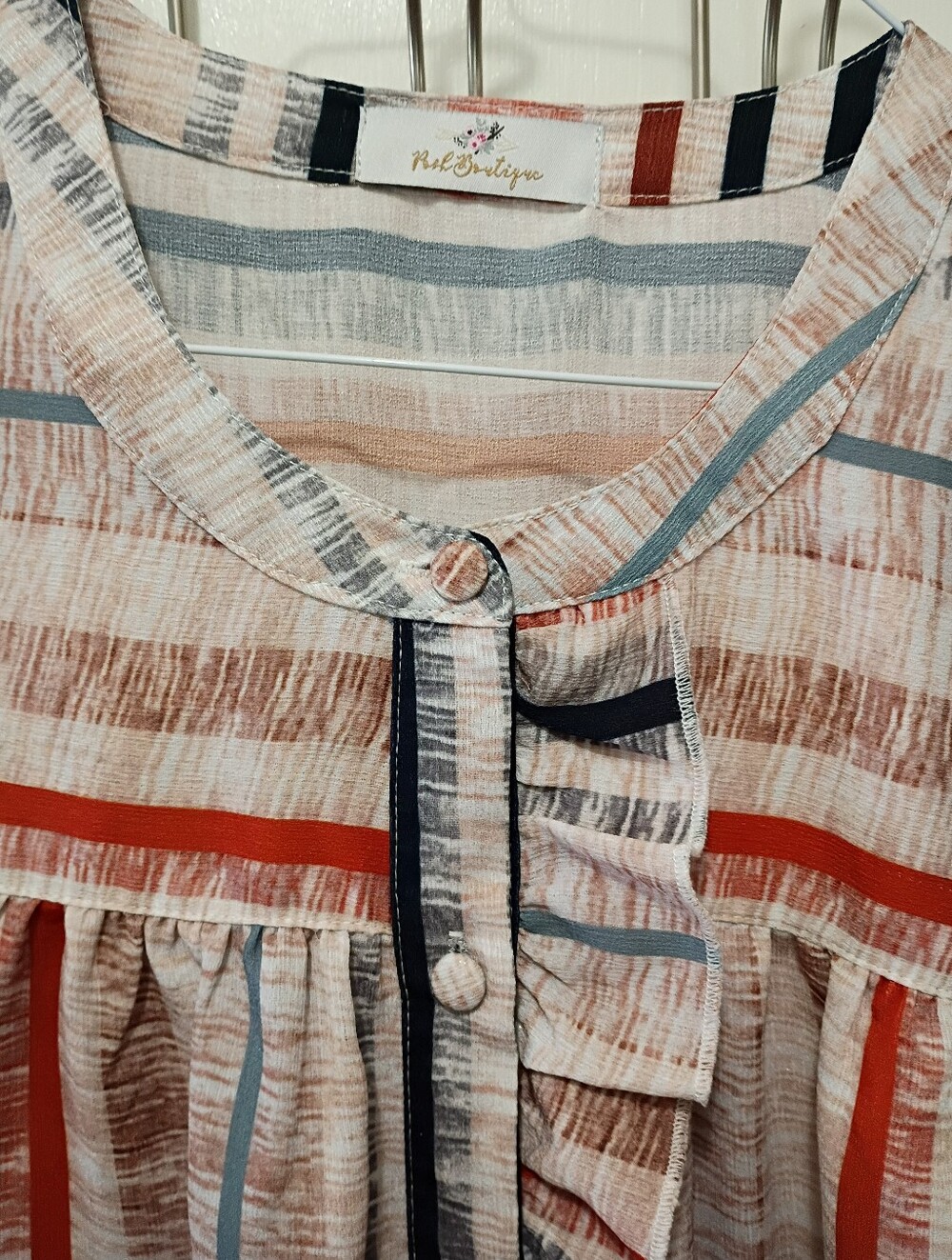 Posh Boutique Striped Button Front Smock Style Top; Red, Navy Blue, Rust & Cream - Picture 3 of 13